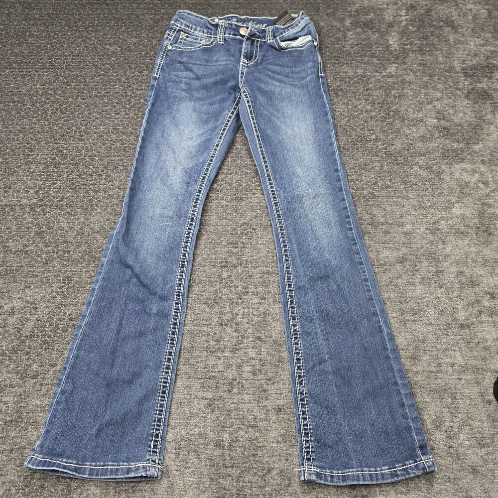 Wired Heart Girls Size 12 Bootcut Jeans Blue Cross Embroidered Stretch Denim